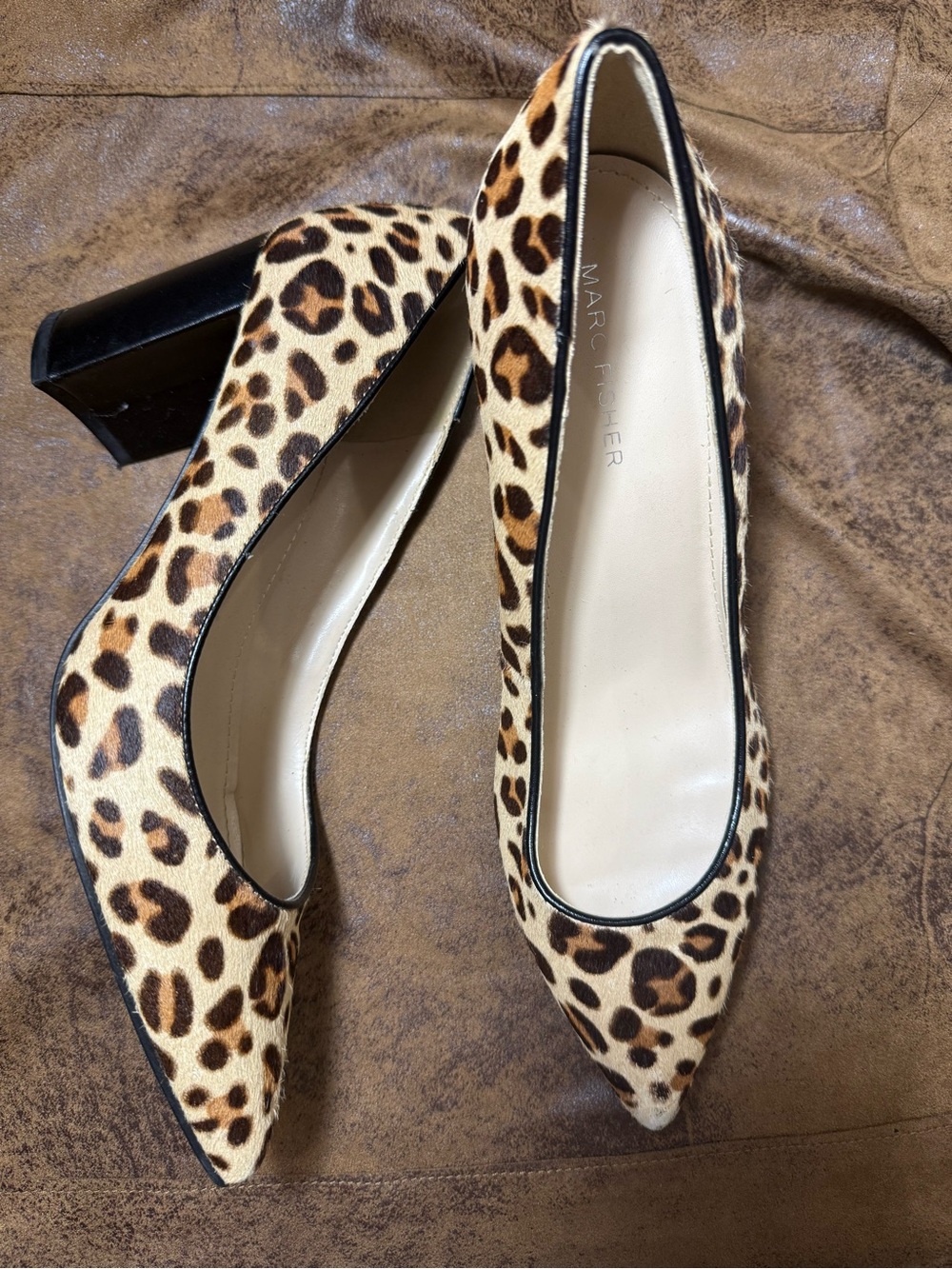 60. Marc Fisher Calf hair Leopard-Print Pointed Block-Heel Pumps - Brown/Tan